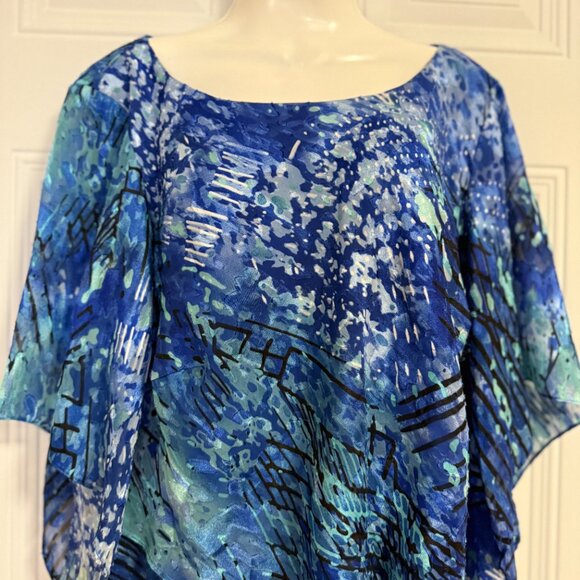 Alex Evenings Women’s Blue Abstract Poncho Blouse Top Size 2X Glam Country Club - Picture 7 of 7